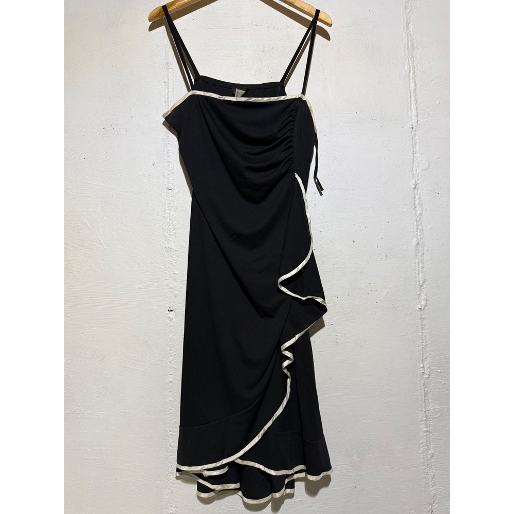 Vintage Y2K Taboo Womens 2X Black Ruched Ruffle Midi Dress White Satin Trim